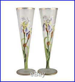 Pair Mont Joye Art Glass Iris Vases trumpet form Hand Painted Enamel early 20th