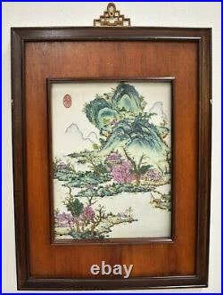 Pair Of Chinese Famille Rose Hand Painted Enameled Porcelain Plaques