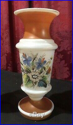 Pair Of Vintage Antique Floral Enamel Paint Decorated Bristol Art Glass 9 Vases