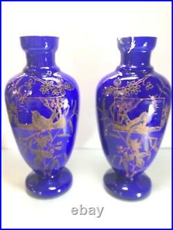 Pair Victorian Art Glass Vases 19th Century Gilt with Hand Painted Enamel Burds