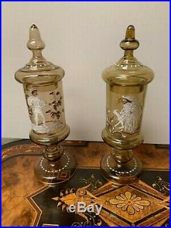 Pair of Antique Bohemian Moser Art Glass Enameled Hand Painted Covered Beakers