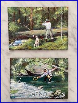 Pair of Enamel Paintings on Copper Hunting & Fishing Scene Signed J. Talbot