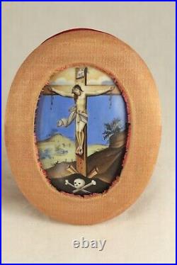 Pr Antique Enamel on Copper 2½ Paintings Jesus Christ Crucifixion Resurrection