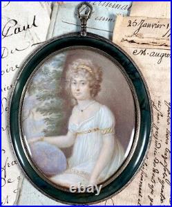RARE 18c French Portrait Miniature, Woman with Embroidery, Sterling Enamel Frame