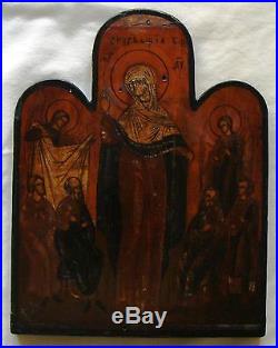 RARE Antique Russian Icon Hand-Painted Enamel, MARY WITH 6 SAINTS circa 1750