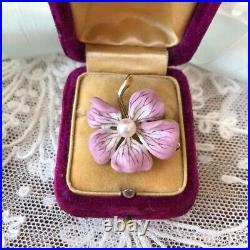 Rare Antique 14k Gold Pink Enamel Pearl Blossom Flower Pin Brooch Art Nouveau