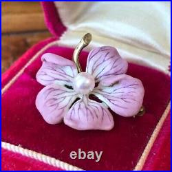 Rare Antique 14k Gold Pink Enamel Pearl Blossom Flower Pin Brooch Art Nouveau