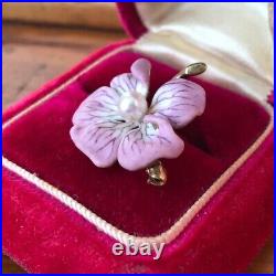 Rare Antique 14k Gold Pink Enamel Pearl Blossom Flower Pin Brooch Art Nouveau