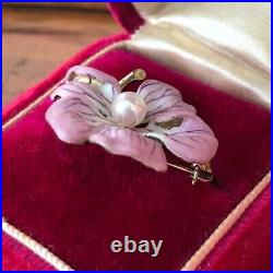 Rare Antique 14k Gold Pink Enamel Pearl Blossom Flower Pin Brooch Art Nouveau