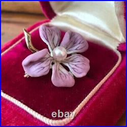 Rare Antique 14k Gold Pink Enamel Pearl Blossom Flower Pin Brooch Art Nouveau