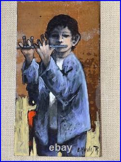 Rare Gem Little Boy Playing Flute Oil Painting Armando Morales NY Mexico
