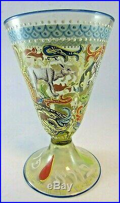 Rare Judaica Enameled Italian Jewish Painted Art Glass Murano Large Kiddush Cup