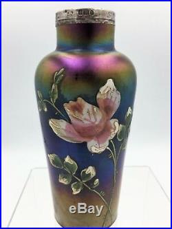 Rare Loetz 1900 Rubin Matte Iris Hand Painted Enamel Iridescent Art Glass Vase