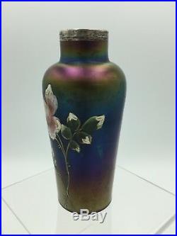 Rare Loetz 1900 Rubin Matte Iris Hand Painted Enamel Iridescent Art Glass Vase