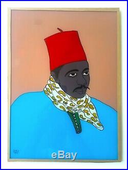 Rare Vtg 20th C Senegal Africa Original Reverse Glass Portrait Paintings 2pc Set