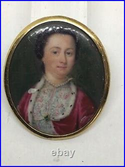 Rare c1710 Queen Anne Period Enamel On Gold Portrait Miniature Painting Gold Fra
