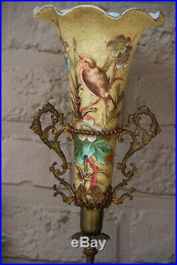 Rare top Antique French art nouveau pair glass enamel hand paint bird vase