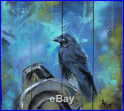 Raven bird totem pole Haida native wildlife art finger painting enamel on wood