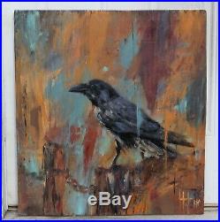Raven bird wildlife art finger painting enamel on wood