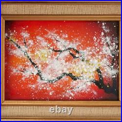 Red White Enamel on Copper Painting of Cherry Blossom Tree in Bloom Framed