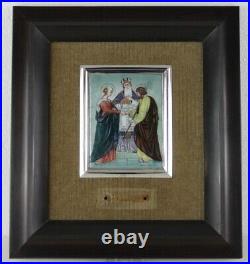 Religious enamel signed BARBA. The betrothal of the Virgin. Wooden frame