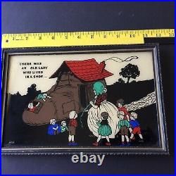 Reverse Glass Painting by Houle The Old Woman Who Lived in a Shoe 11 x 7 1930s
