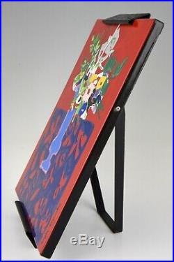 Roger Bezombes Mid Century enameled iron painting flowers in a vase 1970
