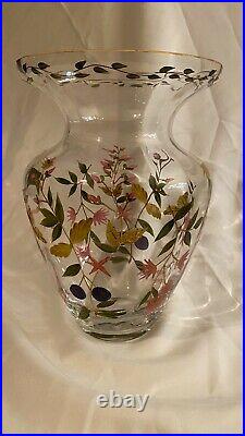 Romanian Crystal Clear Art Glass Vase WithPainted enamel Floral Decoration