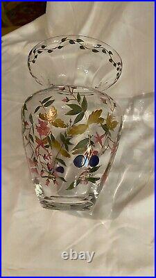 Romanian Crystal Clear Art Glass Vase WithPainted enamel Floral Decoration