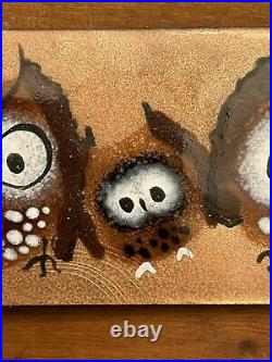 Rowenna Anderson Enamel on Copper Painting Mid-Century Owls Signed 7.25 x 1.75
