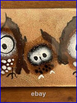 Rowenna Anderson Enamel on Copper Painting Mid-Century Owls Signed 7.25 x 1.75