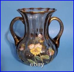 SALE! $149 Handled French Art Glass Mont Joye Enameled Optic Vase
