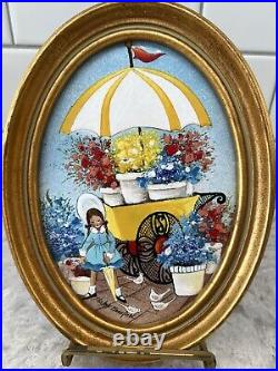 SHIRLEY MANSFIELD Enamel On Copper Painting. Framed Signed Girl With Flowers