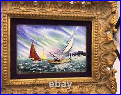 Sale L. Raymond San Francisco Artist Enamel On Copper Sailboat Painting
