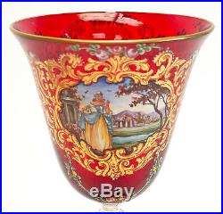 Salviati Cranberry Red Art Glass Hand Painted Enamel Wine Goblet, Dolphin Stem