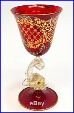 Salviati Cranberry Red Art Glass Hand Painted Enamel Wine Goblet, Dolphin Stem
