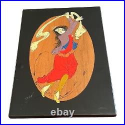 Signed Art Painting Oriental Dancing Figure With 3-D Enamel Face Wall Plaque 60s