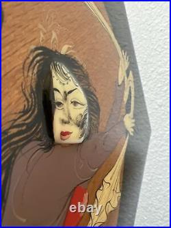 Signed Art Painting Oriental Dancing Figure With 3-D Enamel Face Wall Plaque 60s