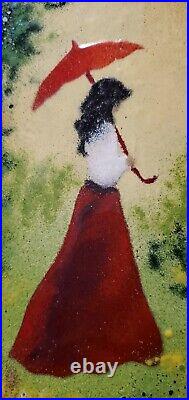 Signed Cardin Enamel on Copper Painting Framed Girl Red Umbrella Skirt 165/500