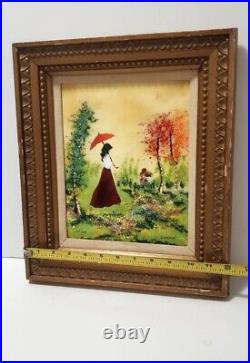 Signed Cardin Enamel on Copper Painting Framed Girl Red Umbrella Skirt 165/500