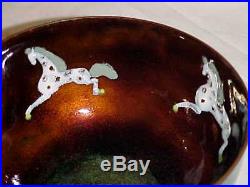 Signed Jason Schoener Modern Enamel Copper Art Bowl Midcentury Painting Horses