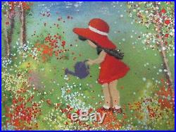 Signed Karen Greene Enamel On Copper Painting Girl Watering Can By Sea Sailboat