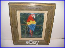 Signed Large Copper Enamel Macaw Parrot Painting By John Shaw