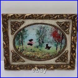 Signed Louis Cardin Enamel On Copper Painting Ornate Frame Girl Dog French Italy