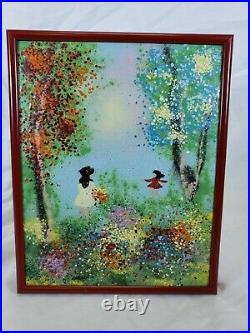Signed Louis Cardin Enamel on Copper Painting Framed Girl with Flowers 8 X 10