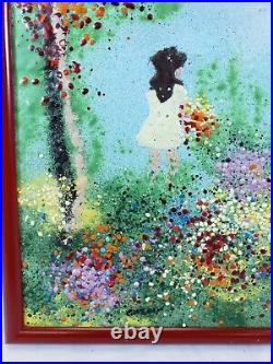 Signed Louis Cardin Enamel on Copper Painting Framed Girl with Flowers 8 X 10