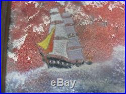 Signed Mingolla Framed Enamel On Copper Painting 2 Tall Ships At Sea 12 X 9