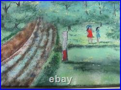 Signed Mingolla Large 15.75 Enamel On Copper Painting 2 Little Girls By Forest
