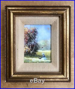 Signed Parthesius Enamel On Copper Miniature Framed Painting Girl In Field Kite