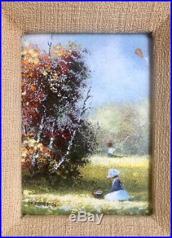 Signed Parthesius Enamel On Copper Miniature Framed Painting Girl In Field Kite